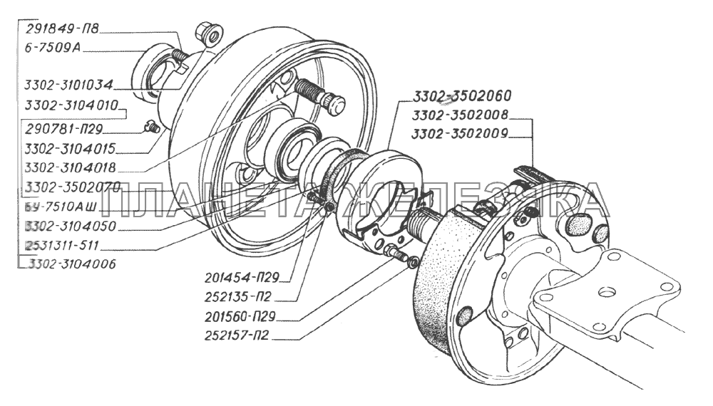 Ступица заднего колеса с барабаном, тормоз колодочный задний ГАЗ-2705 (дв. УМЗ-4215)